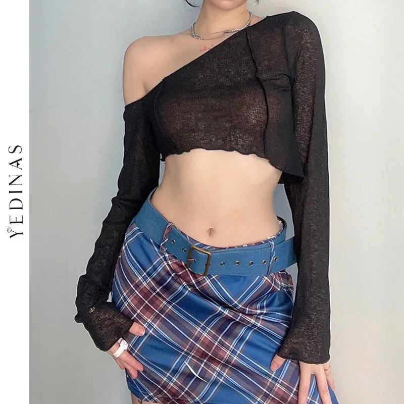 Yedinas Sexy Irregular Crop Top Women Skew Collar Long Sleeve Mesh Tops See Through Off Shoulder T Shirts Clubwear Translucent