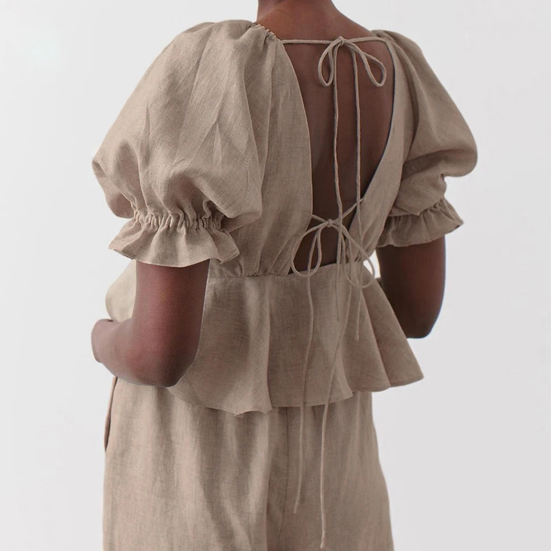 

Moarcho Women's Shirt Solid Color Deep v-Neck Puff Sleeve Lotus Leaf Top Latest Fashion Drawstring Design Party Cotton And Linen