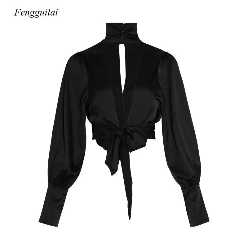 

2021 New Fashion Spring Autumn High Collar Sexy Backless Slim Lace Up Navel Top Shirt Female