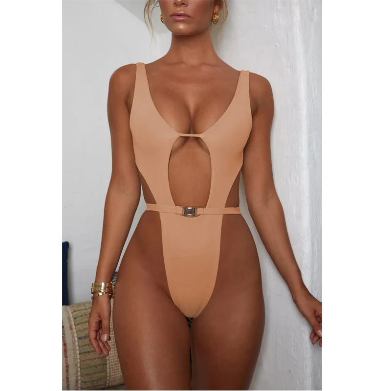 Swimsuit 2019 new European and American women's sexy Siamese check buckle plain bikini popular one piece high elastic swimwear |
