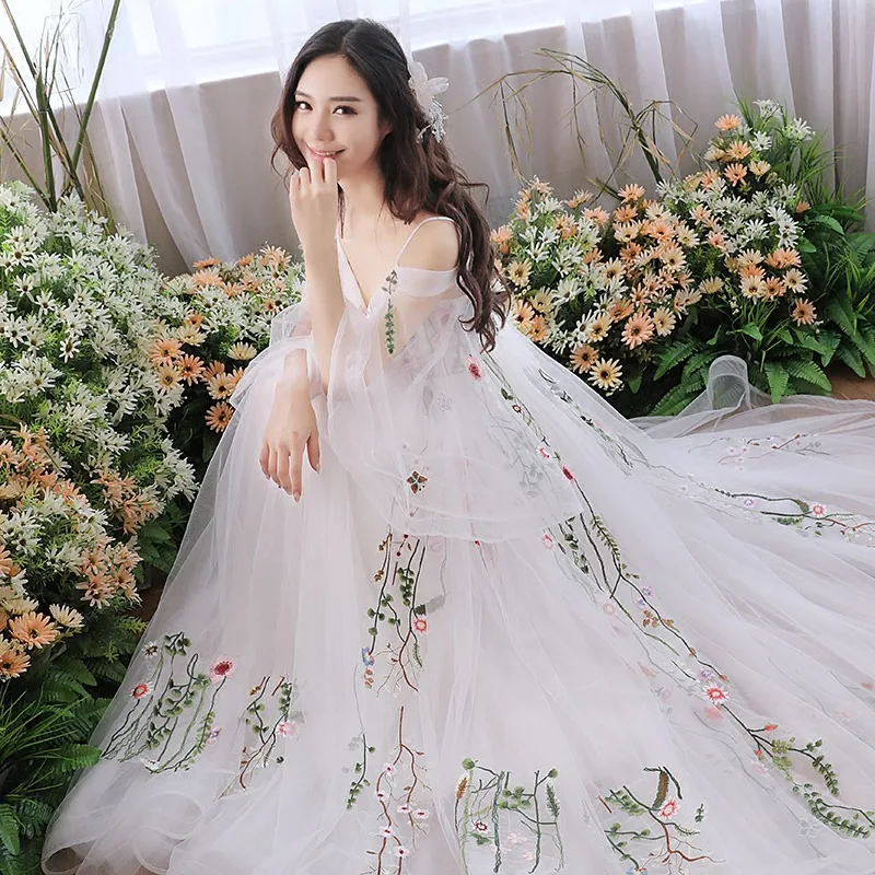 

Fashion New Sweet white Evening Dress Sexy V-neck Strap Embroidery Long Trailing Simple Prom Formal Gown Special Occasion Dress