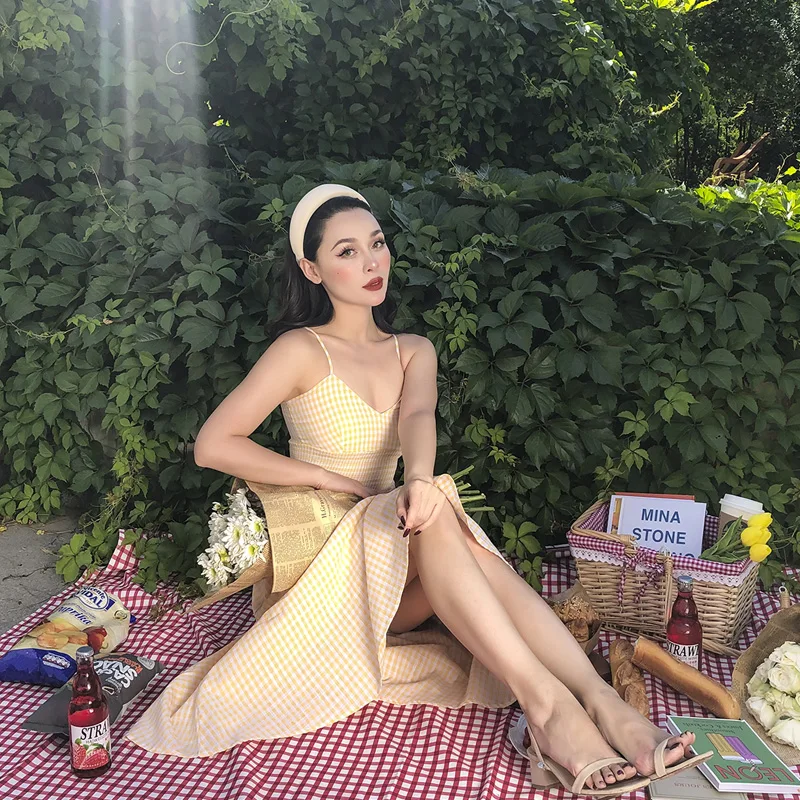 Женское винтажное клетчатое платье желтое длинное Хлопковое до щиколотки на