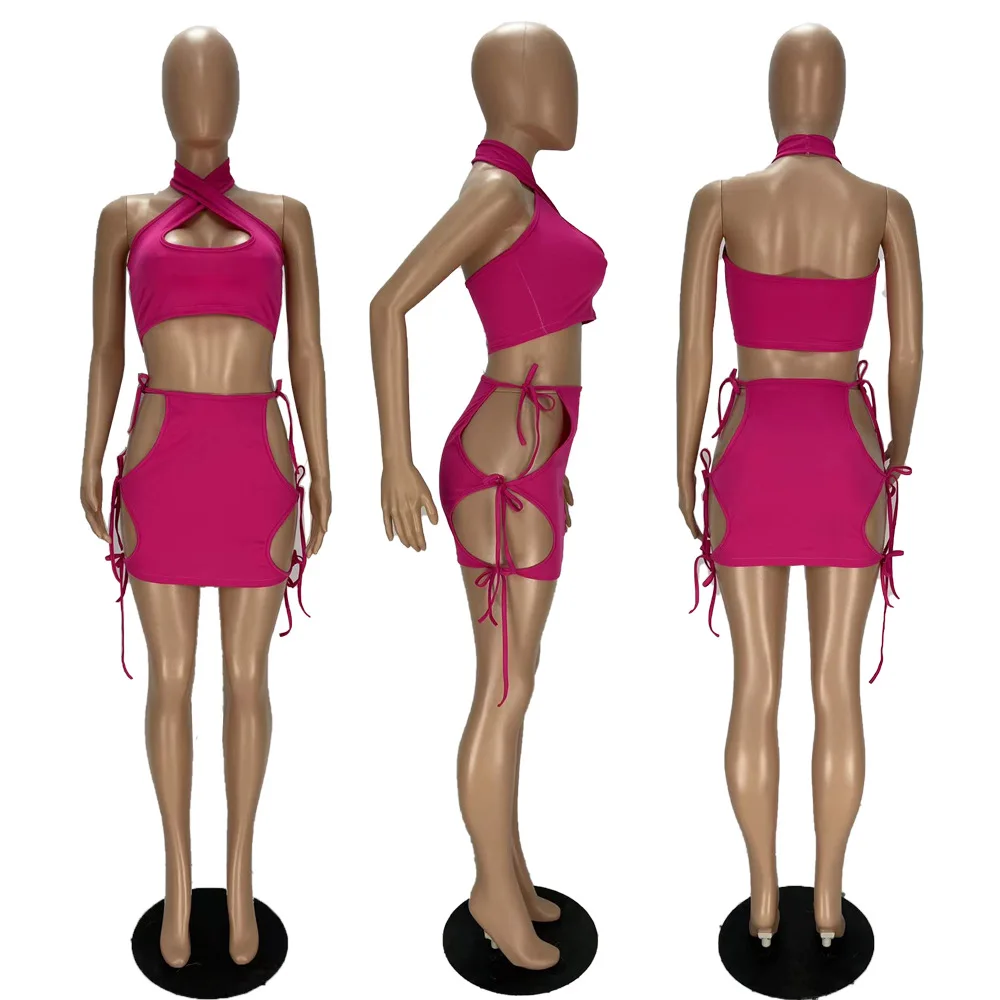 Женский пляжный костюм-двойка CM.YAYA короткий топ и мини-юбка на шнуровке 5 цветов -