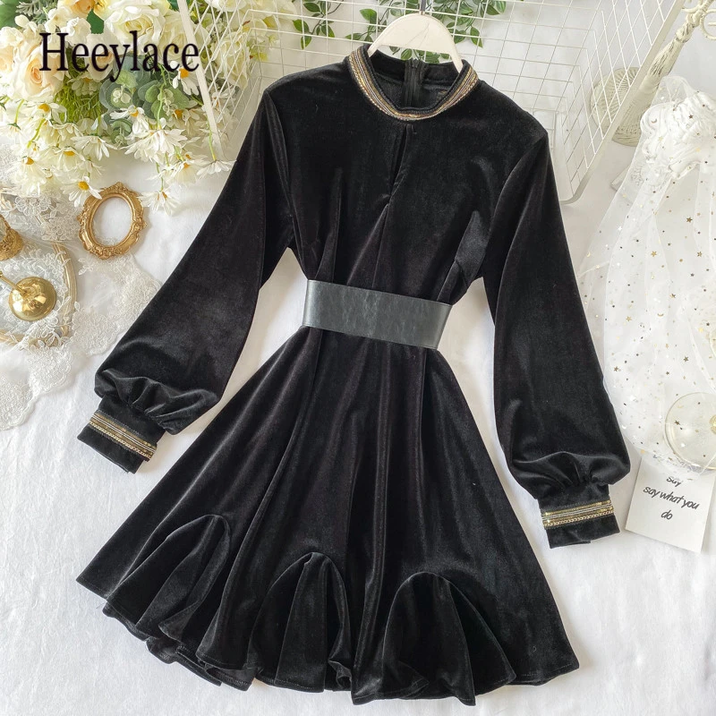 

Spring black velvet mini dress with belt women high waist vintage england tunic ruched dresses long sleeve sexy dress