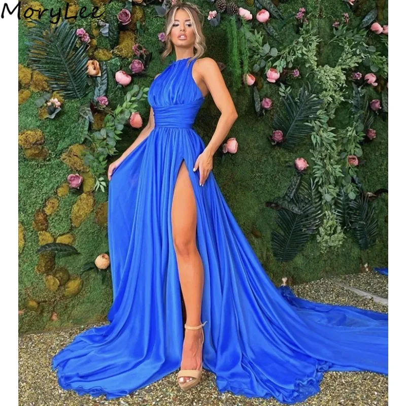 

Prom Dresses Sexy Sleeveless A-Line Floor Length Side Slit Chiffon Pleated Backless Prom Dresses vestidos de fiesta de noche