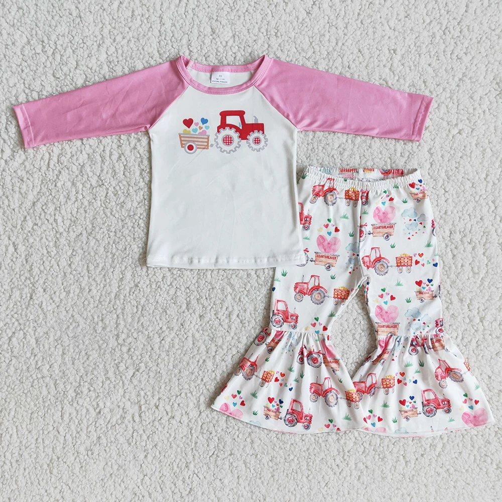 

Girl Long Sleeve Outfit Reay To Ship Valentine's Day Kids Truck And Heart Print Top Bells Suit Rgalan Shirt Flare Pants Set