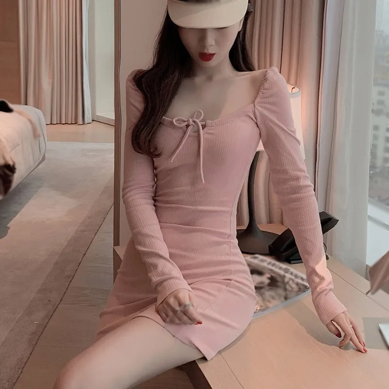 

Solid color square collar lace-up slim sexy long-sleeved dress sexy temperament slimming thin ladies dress