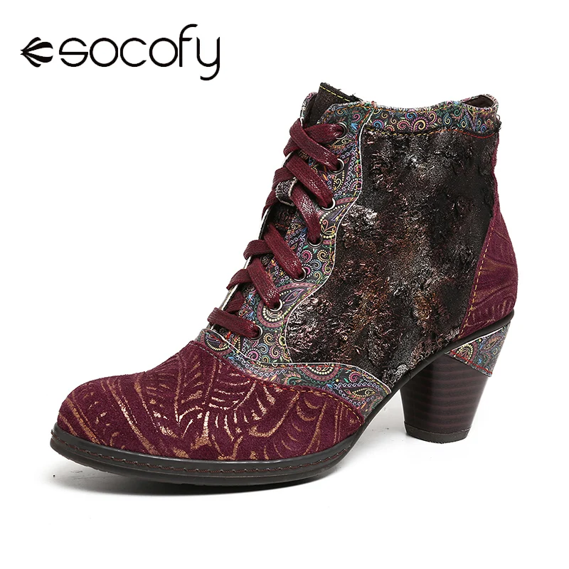 SOCOFY Retro Genuine Boots Leather Splicing Embossed Rose Lace Up Zipper High Heel Ankle Boots Women Shoes Botas Mujer 2020