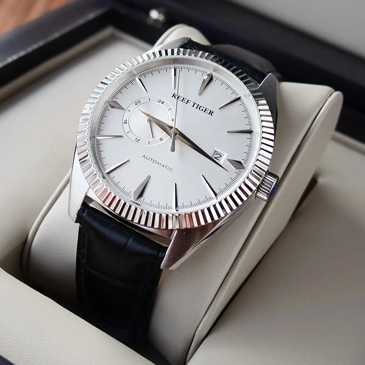Риф Тигр/RT Роскошные нарядные часы для мужчин Стальной коричневый кожаный