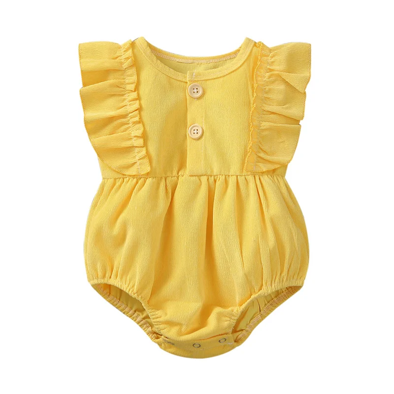 

Newborn's Summer Solid Color Ribbed Jumpsuit , Infant's Flying Ruffled Sleeve Crotch Button One-piece Garment for Baby