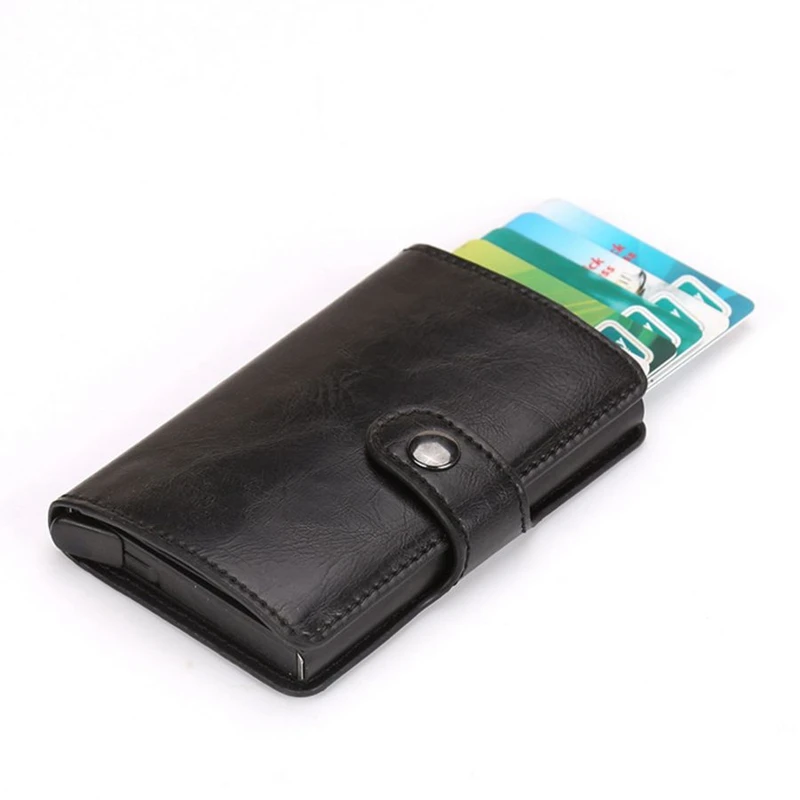 black2 Hasp мужской держатель для кредитных карт RFID Блокировка PU кожа Автоматический Бизнес ID держатель карты Алюминий Металл мужской кошелек-сумочка для карт - Цвет: black2
