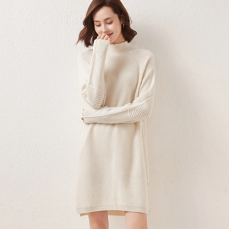 Sparsil Half High Collar Wool Knitted Sweaters Women Casual Solid Long Sleeve Pullovers Winter Soft Above Knee Sweater Dresses