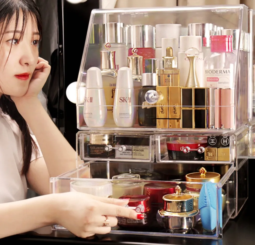 

Cosmetic Storage Box Makeup Organizer Dust-proof with Lid Cosmetic Containers 3 Drawers Transparent High Capacity Save Space