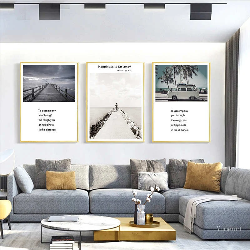 Скандинавский постер на холсте с изображением деревянного моста и автомобиля