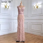Розовое роскошное вечернее платье с v-образным вырезом, украшенное бусинами, 2021, без рукавов, с перьями, формальное платье русалки, Serene Hill LA70440