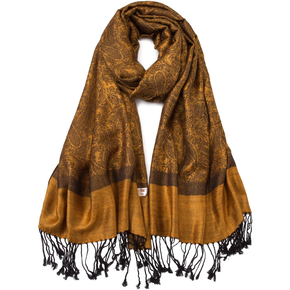 Women Lady Fashion Pashmina Silk Scarf Shawl Stole With Tassel Fringes Paisley Border Pattern Clean Finish Luxury Good Gift |