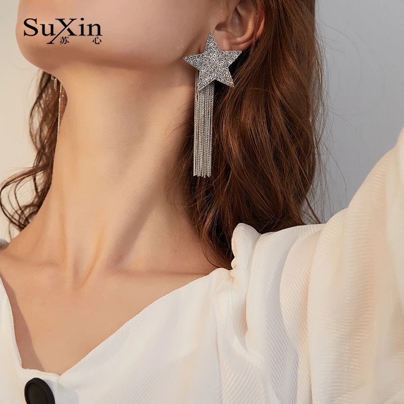 Серьги SuXin 2020 новые модные пятиконечные звездочные серьги для женщин длинные