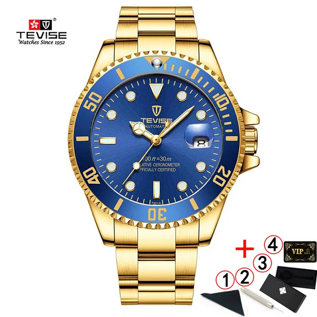 Tevise Top Brand Luxury Men Mechanical Watches Automatic waterproof Stainless Steel Men Wristwatches Relogio Masculino - Цвет: 7-blue-gold-box