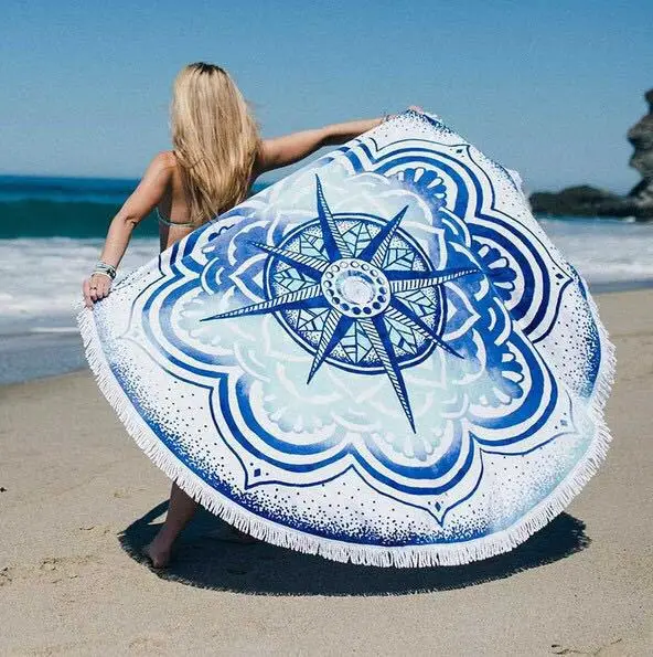 150cm Tassel Giant Beach Blanket Picnic Camping Mat Yoga Mat Round Sandbeach Towel Boho Printed Cloth Pad Shawl Mattress