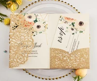 50x luxury glitter rose gold blue silver wedding invitations envelope personalized inserts rose laser cutting pocket fold invite