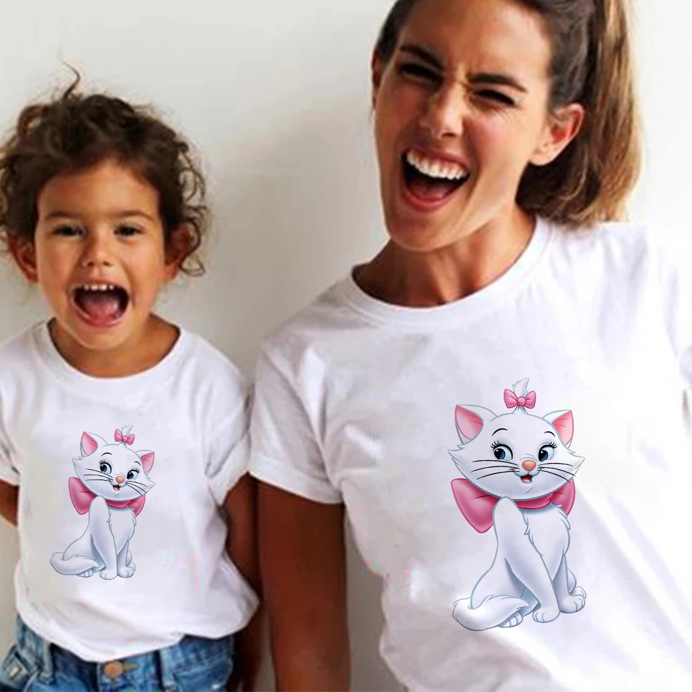 

Disney The Aristocats Marie Cat Print Kids T Shirt Women Cartoon Funny Mother and Daughter T-shirt Leisure Fashion Famliy Look