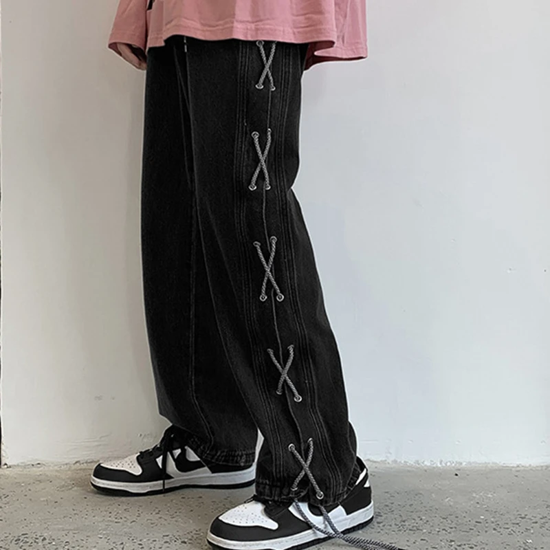 

Korean Fashion Men Webbing Rope Wide Leg Jeans 2022 Autumn New Streetwear Straight Baggy Denim Pants Male Brand Trousers