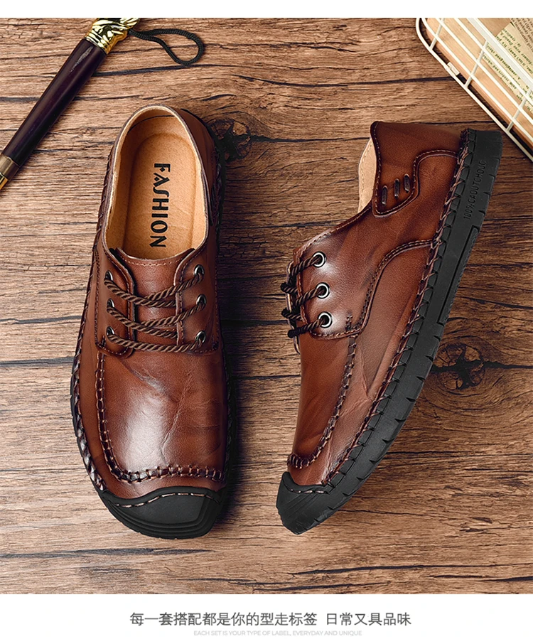 Hot Sale Leather Men Flats Shoes Hand Sewing Men Oxfords Zapatos Hombres Trendy Men Leather Lace Up Shoes High Quality Moccasins