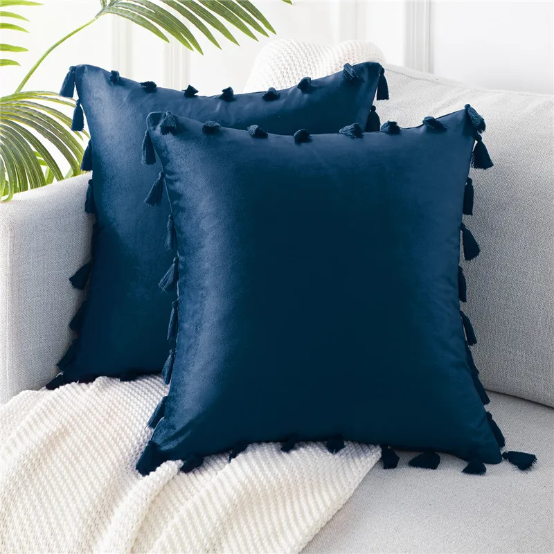 Navy Blue-Set of 2 Topfinel Твердые бархатные наволочки украшения наволочки мягкие квадратные с кисточкой для дивана кровати домашний декор автомобиля подушки - Цвет: Navy Blue-Set of 2