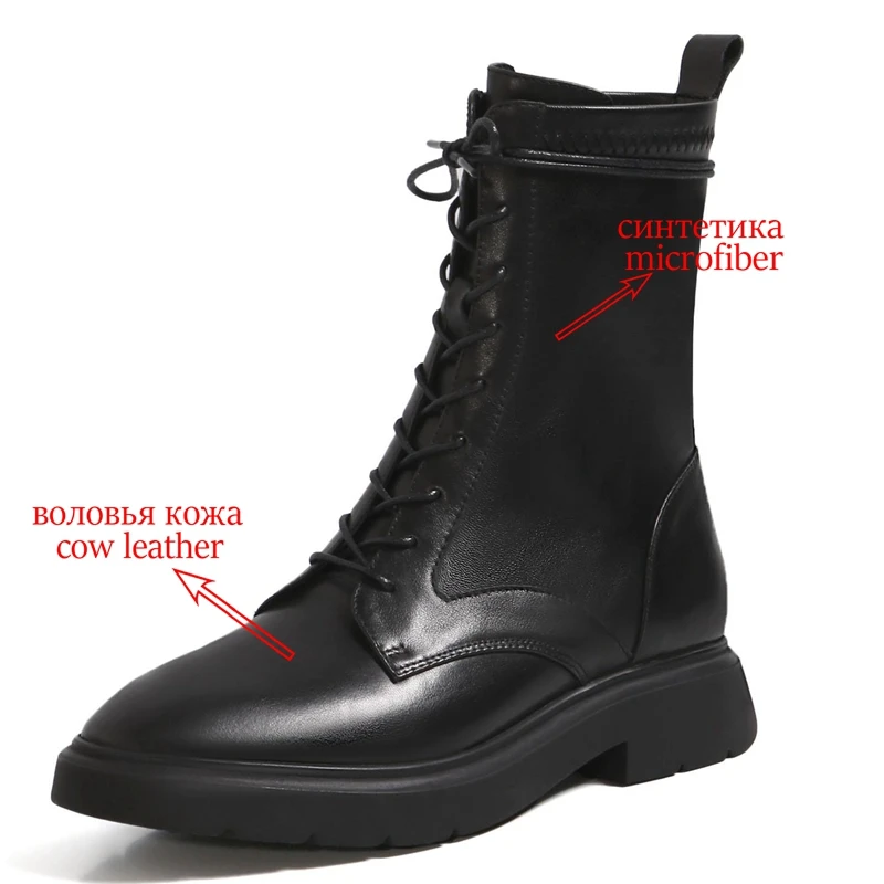 Online Krazing Pot Baru Sepatu Bot Kulit Alami Cross-tied Ujung Bulat Tebal Tumit Rendah Renda Wanita Kantor Pertengahan Betis Boots L26