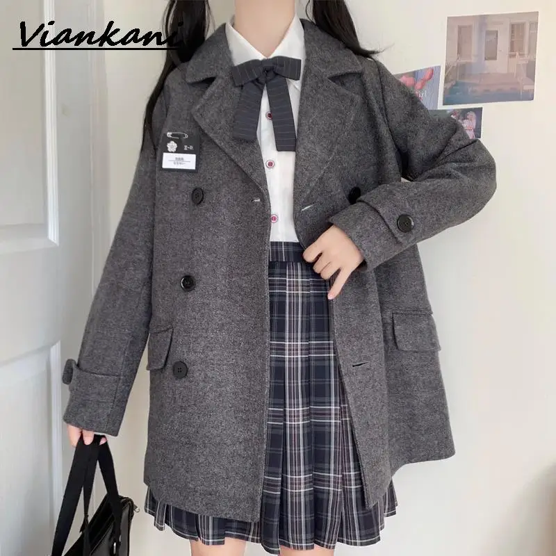 

Japanese JK Woolen Coat Women Winter New College Style Suit Collar Double Breasted Solid Midi Suit Overcoat Korea Loli Jackets