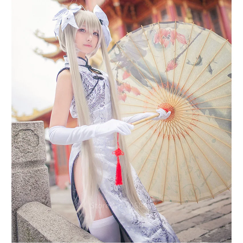 

Anime Yosuga No Sora Cosplay Costumes Kasugano Sora Women for Girls Chinese Sexy Satin Silk Cheongsam Qipao Dress Wig Shoes Set