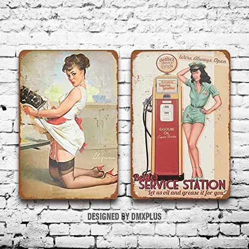 

Металлический знак (набор из 2) газ Онлайн Масло пикантный Pinup Girl винтажный внешний вид настенное украшение домашний декор табличка