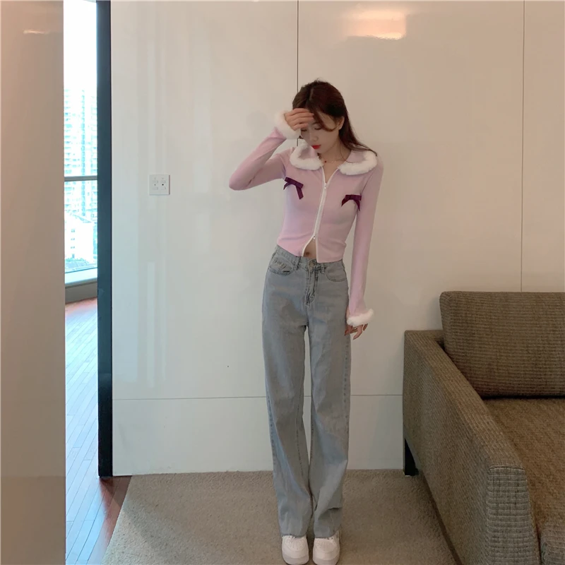 

autumn winter new turn down collar sweater women long sleeve with fur bowknot zip short sweater pullovers