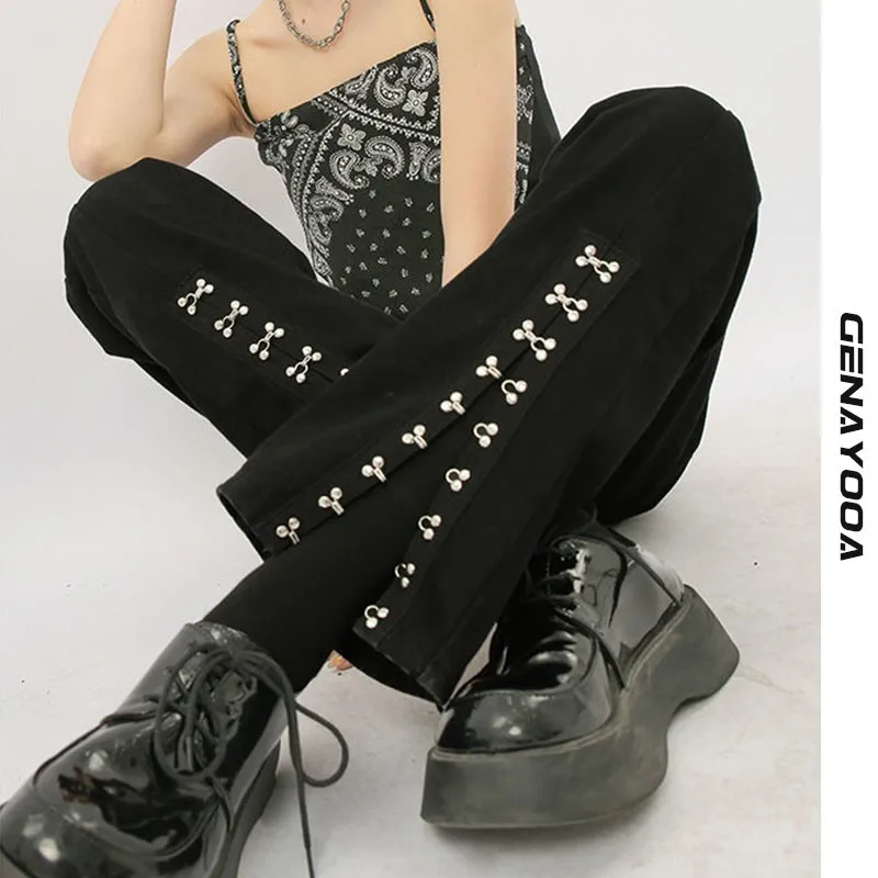 

Genayooa Streetwear Black Front Split Jeans Woman High Waist Boyfriend Jeans For Women Wide Leg Pants Denim 2021 Korean Chic