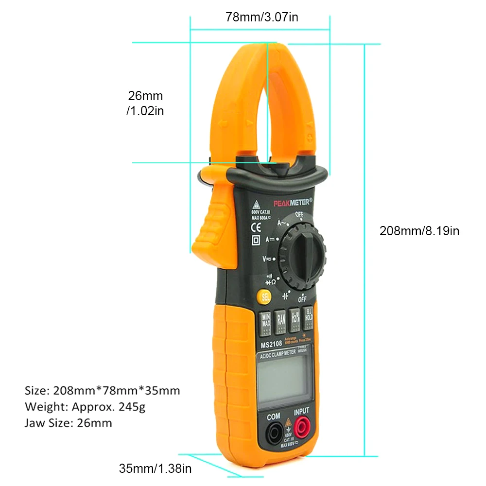Цифровой мини зажим PEAKMETER PM2108 6600 отсчетов переменный/постоянный ток истинное