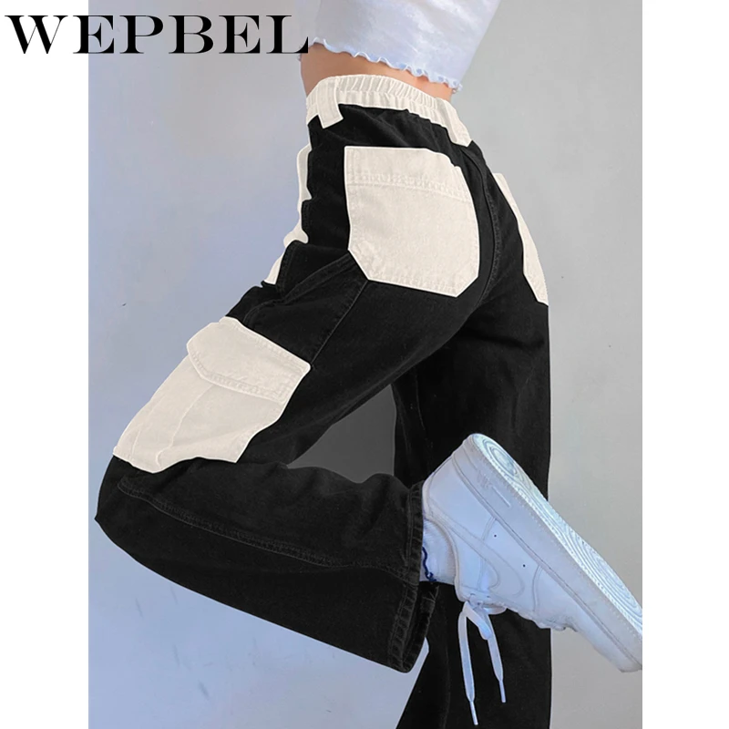 

WEPBEL Women High Waist Denim Pants Elegant Spring Autumn Vintage Jeans Female Pocket Patchwork Wide Leg Trousers
