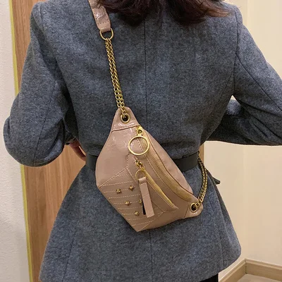 khaki DORANMI поясная сумка с металлической аппликацией Женская поясная сумка кожаная сумка через плечо на грудь женская сумка с ремешком на цепочке сумки на ремне Nerka BG270 - Цвет: khaki