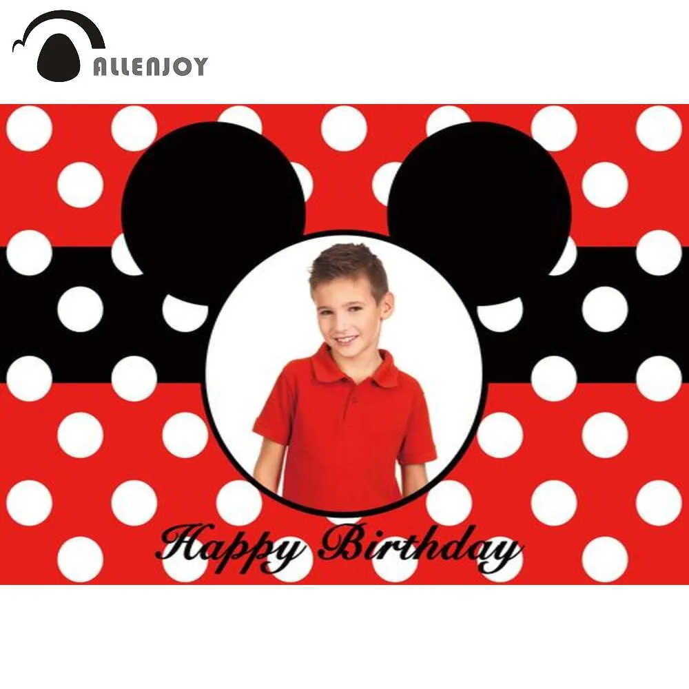 

Allenjoy Cartoon Mouse Birthday Custom Backdrop Newborn Kid Baby Shower Background Red Dot Vinyl Photo Studio Photoshoot Curtain