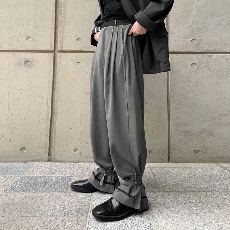 

IEFB Men's Personalized Korean Style Floor Dragging Trousers Bandage Deisgn Bottoms Wide Leg Trousers 2021 New Grey Long Pants
