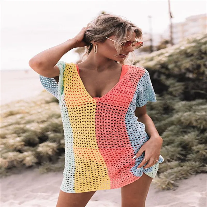 

Women Knitted Cover Up Dress 2021 Swimwears Female Sexy Short Sleeve V Neck Hollowed Summer Beach Dress Cover-Ups Swimsuit