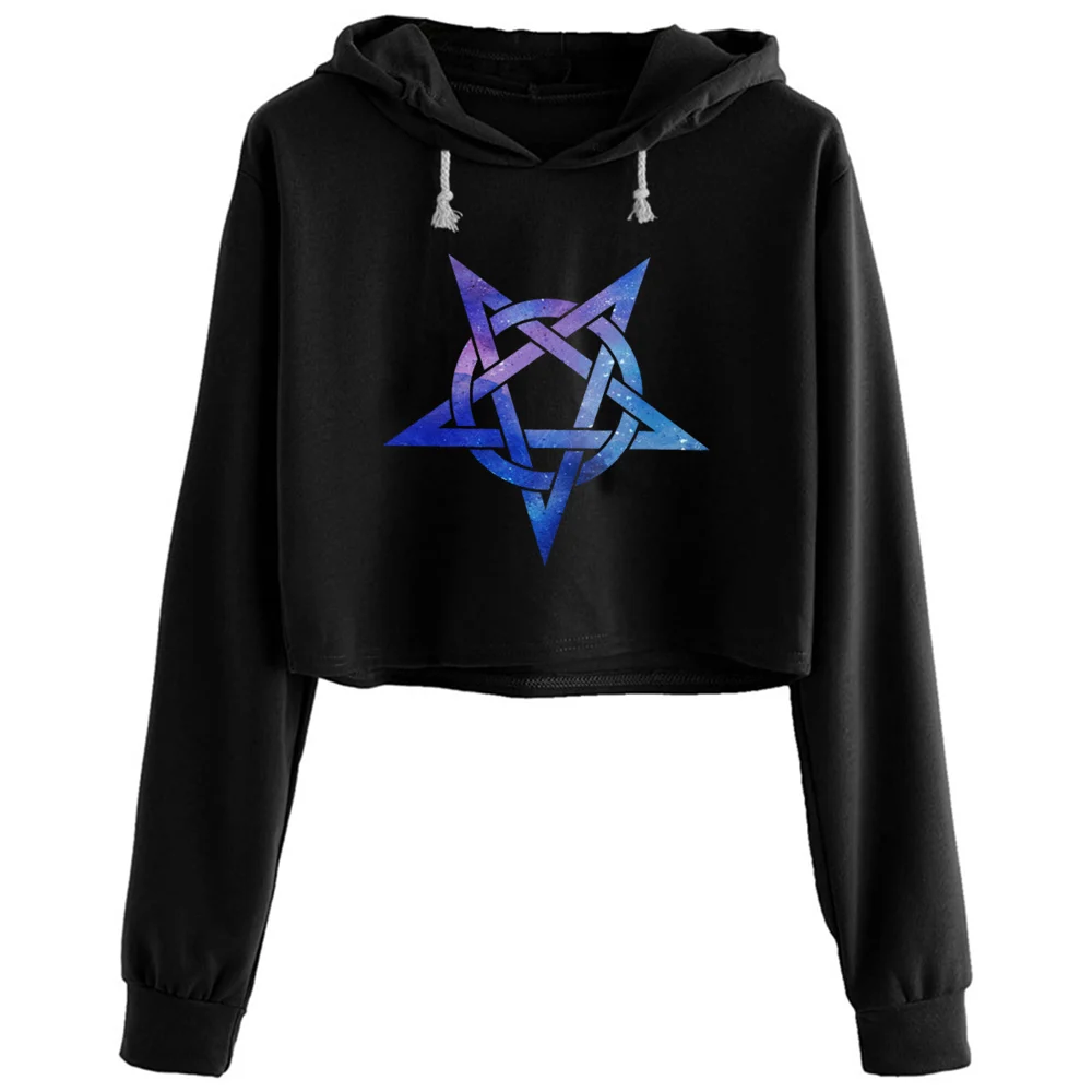 

Pentagram Crop Hoodies Women Goth Grunge Harajuku Anime Pullover For Girls