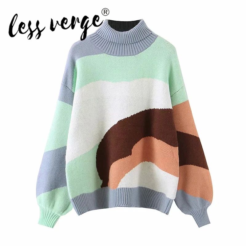 

Lessverge Women Long Sleeve Overisze Color Patchwork Turtle Nneck Street Style Casual Autum Winter Sweater Female Top