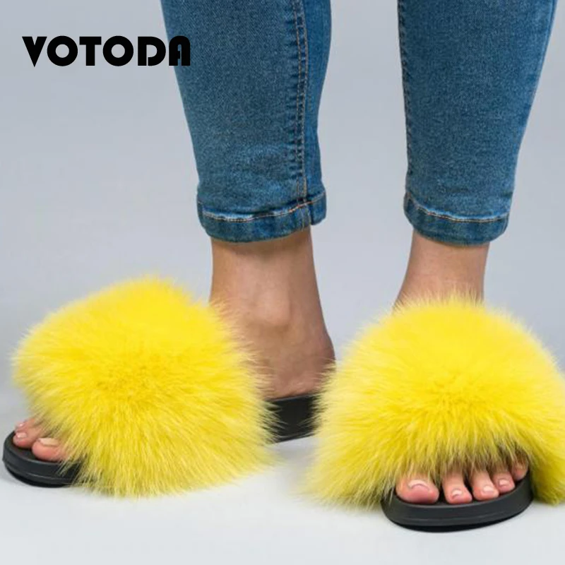 

Summer Women Real Fox Fur Slippers Plush Fluffy Sandals Non-slip Flat Shoes Female Home Casual Slipper Lady Cute Fox Hair Slides