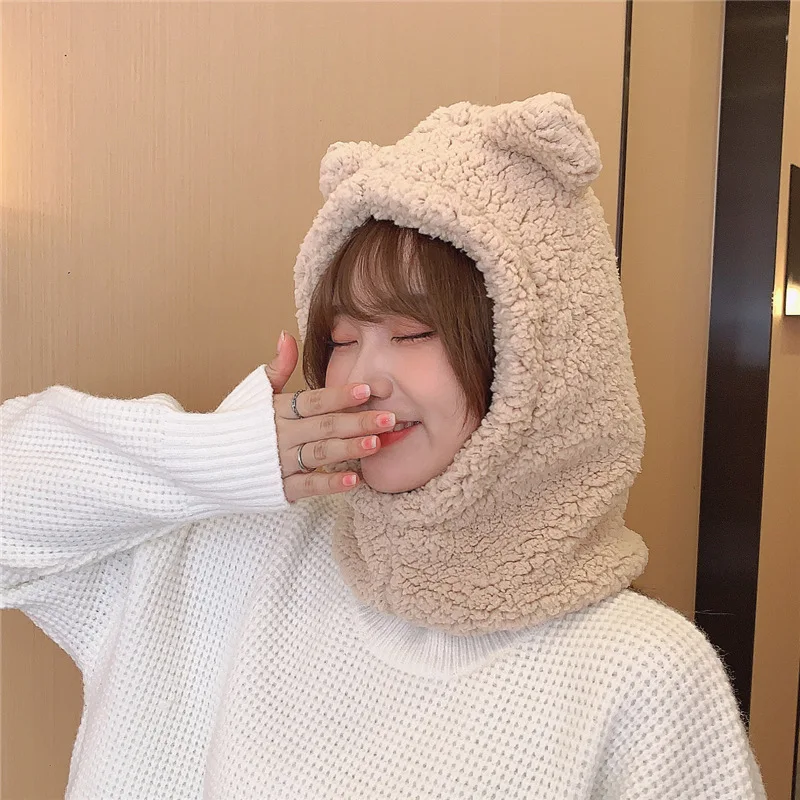 Шапка шарф с мультяшными медвежьими ушками женский зимний пушистый мягкий