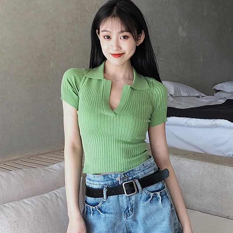 

Solid Sexy Top Female Casual Turn-down Collar Fashion Casual Short Sleeve Knitted Polo Shirt