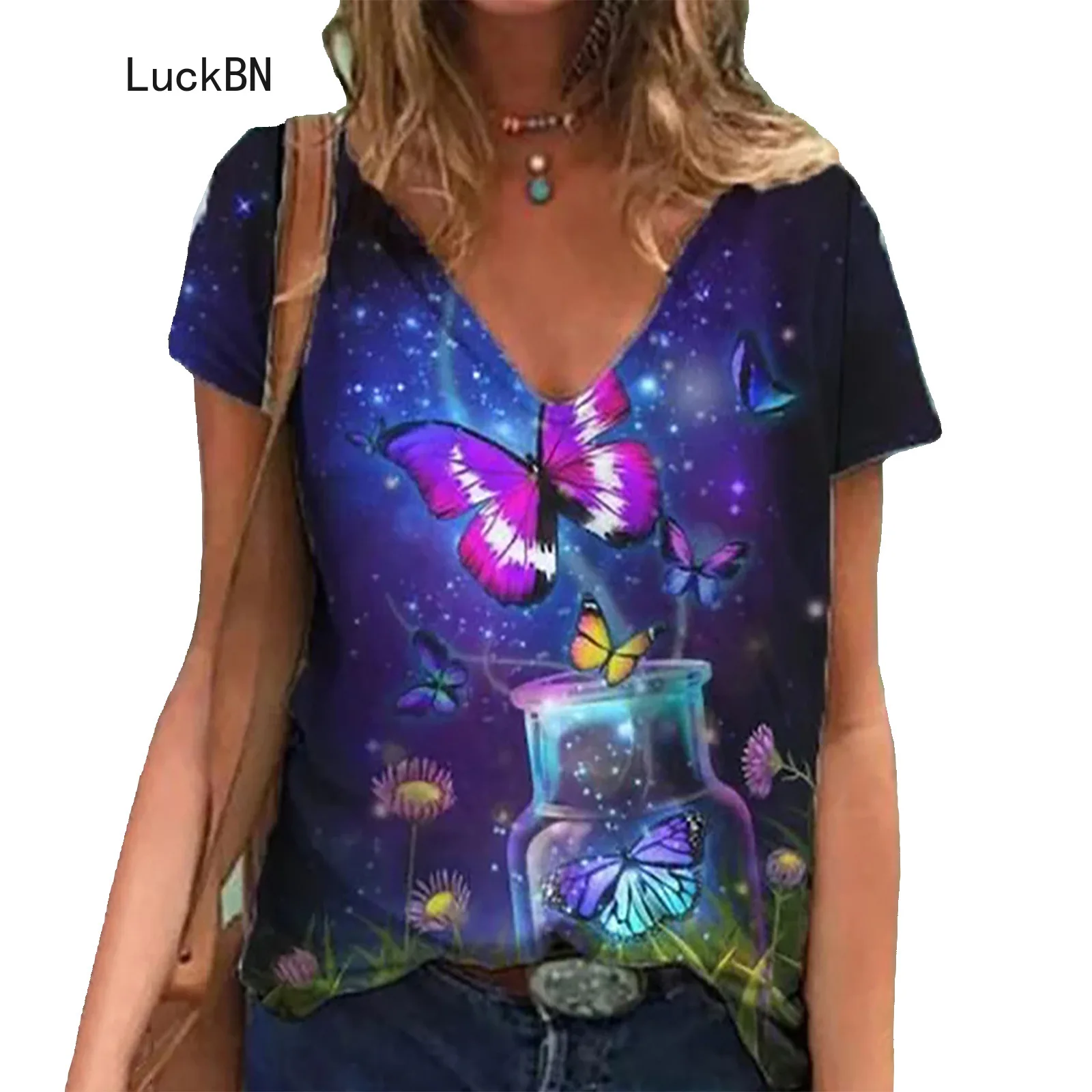 

Women T Shirts Plus Size Tops Casual Short Sleeve V Neck Loose Ladies Tee Summer White T Shirt Street Butterfly Print Clothes