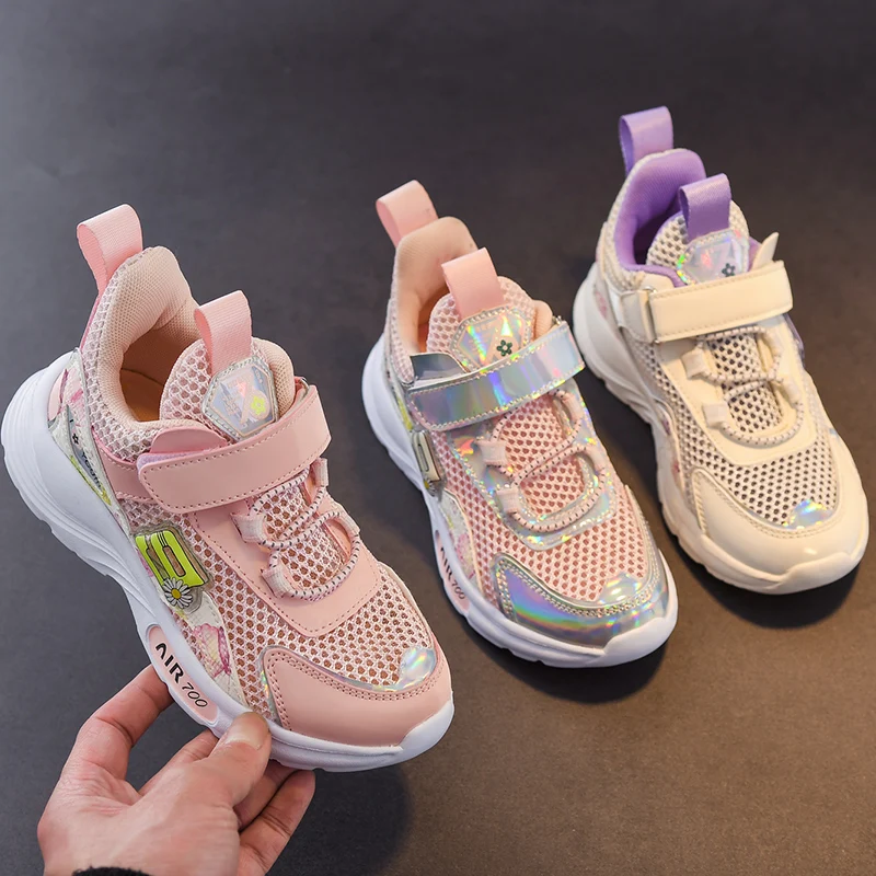 

2021 Spring Summer Breathable Mesh Boys Sneakers Beige Pink Girls Jogging Soft Kids Trainers White Sneakers Sports Shoes