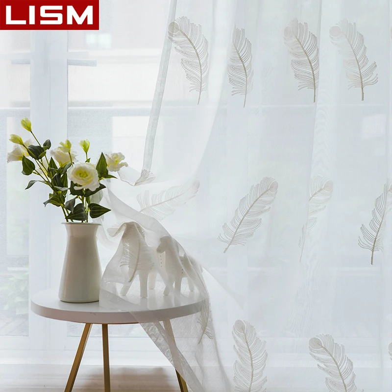 Белые вышитые прозрачные Занавески для гостиной окна элегантные с перьями