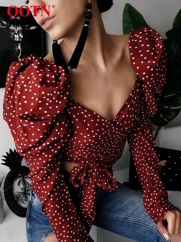 Женский винтажный Топ OOTN красный короткий топ в горошек с буффами и длинным