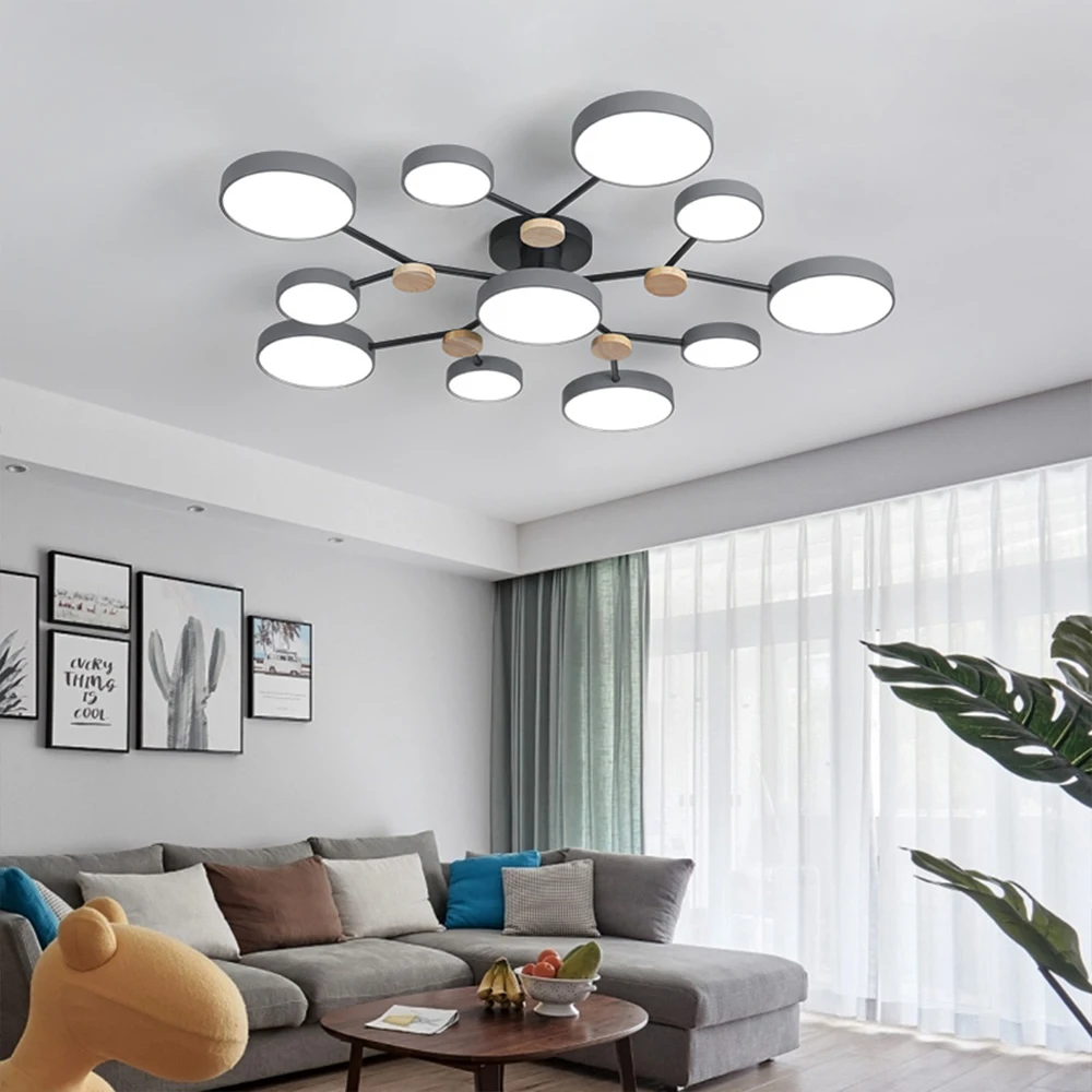 

Nordic Simple LED Iron Wooden Multi-Head Chandelier with Round Lampshade for Bedroom Living Dining Room Modern Indoor Lighting